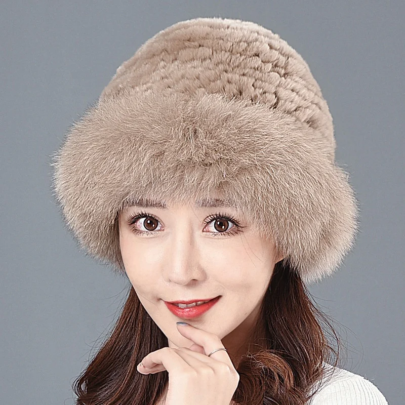 Real Fur Hat Lady Winter Warm Fox Fur Hat Thickened Style Rex Rabbit Fur Top Hat
