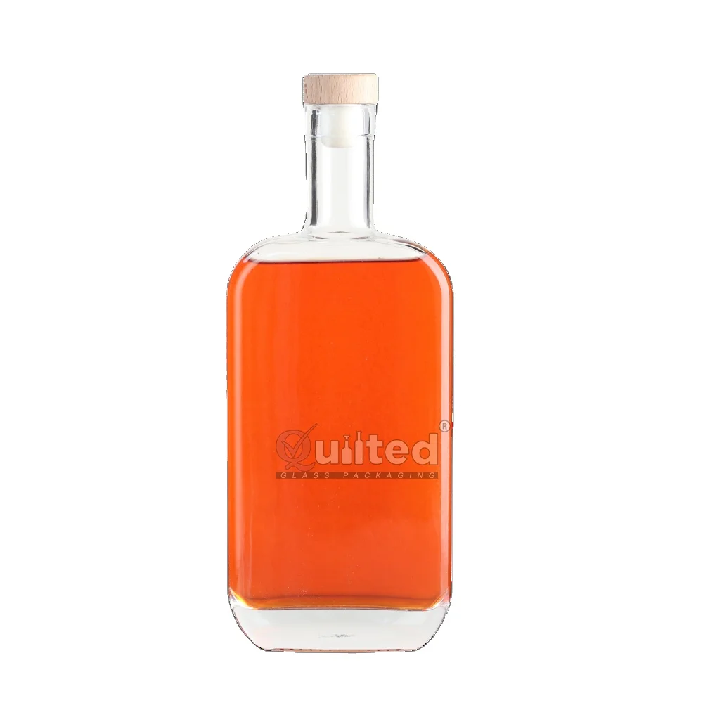 Hot Sale 16oz 700ml Flat Square Glass Liquor Bottle 500ml Super Flint Spirits Rum Whiskey Gin Tequila Bottle With Cork Cap Top