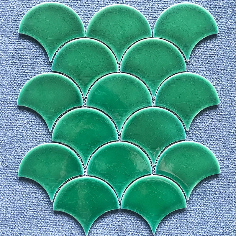 glazed green color fan tile wall decoration fish scale shape for hotel washroom OEM high quality gloss porcelain