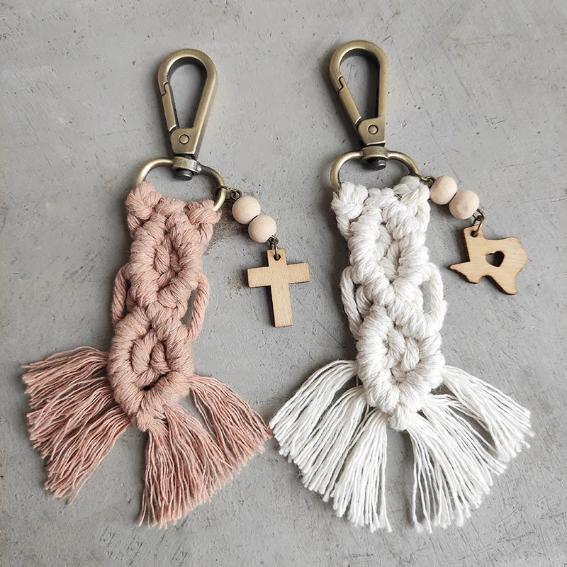 Hot Sale Boho Handmade Woven Cotton Tassel Macrame Keychain Wooden Beads Cross Cactus Texas Map Shape Pendant Keychain