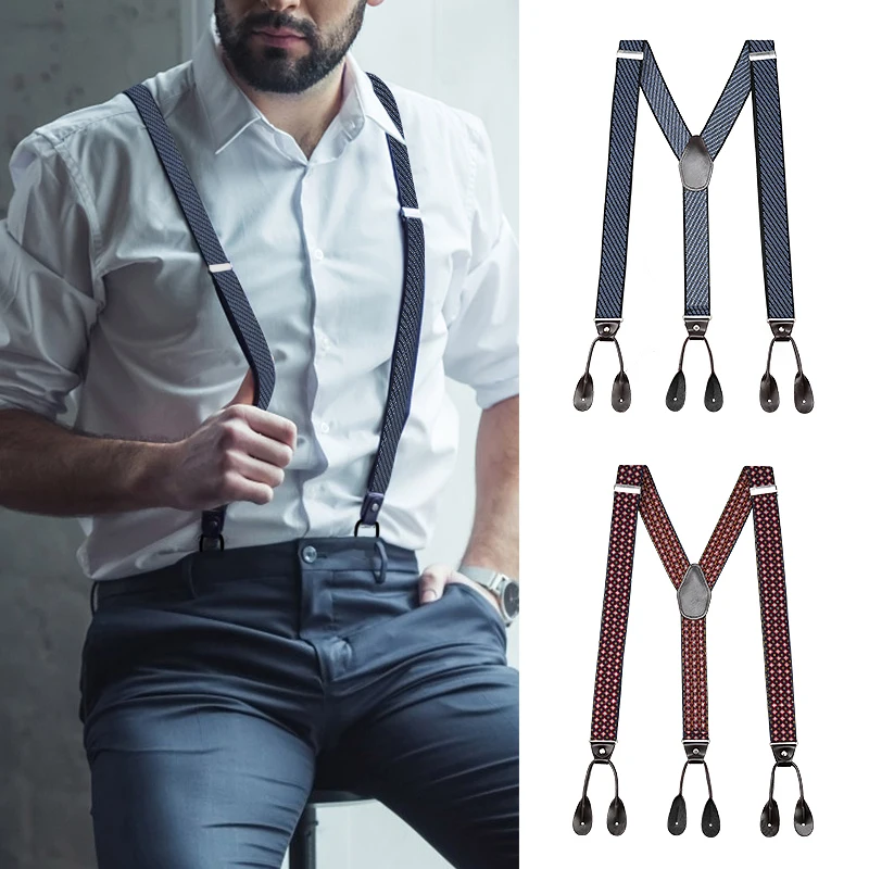 Y Shape Trouser Brace Leather Buttons Clips Black Jeans Men Suspenders