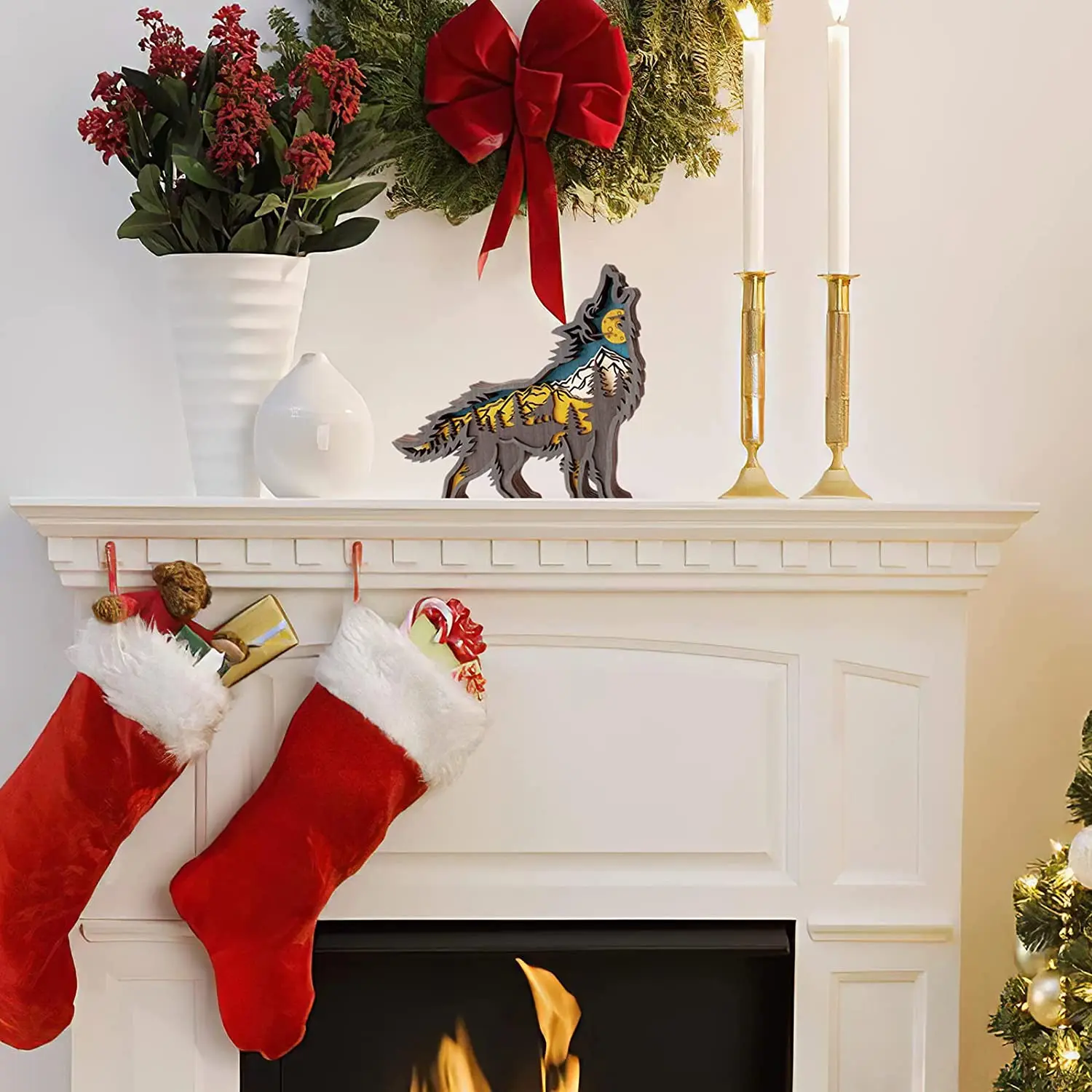 Forest Animal Wooden Home Sculptures Ornament,Multi-Layer 3D Wood Carving Art Shelf Table Wood Crafts Home Furnishing (Wolf