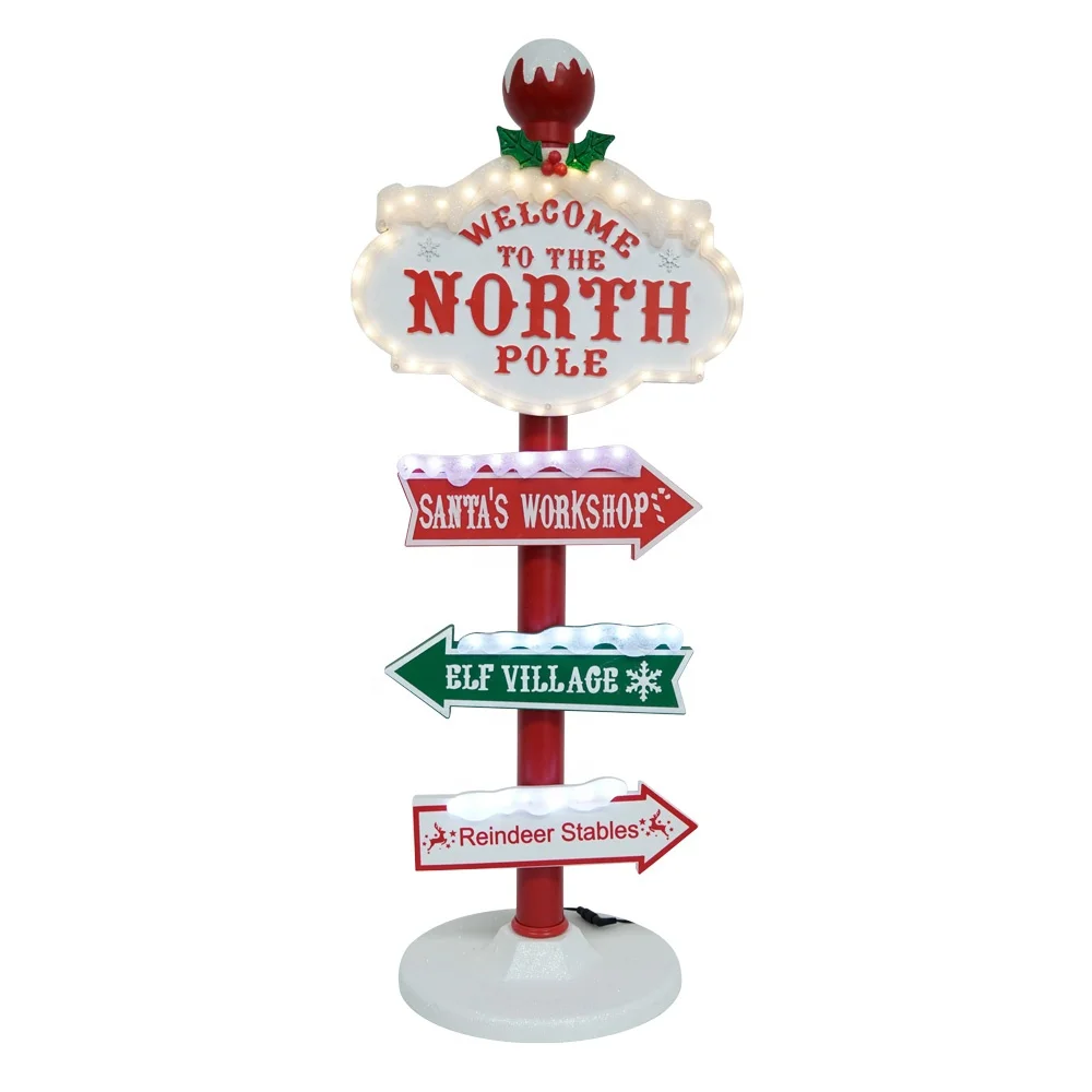 Plastic LED Musical Christmas Ornaments LED North Pole Christmas Road Sign With Music For Christmas Decoration