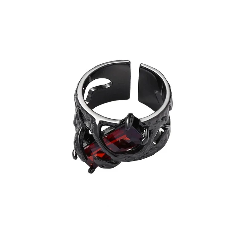 Personality Retro Ruby Ring Female Niche Design Punk Dark Hollowed Out Texture Ring