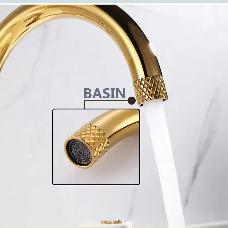 DEEPSS Factory Supply Shine Gold Basin 3 Pieces Separate Lavatory Faucet Brass 2 Handle Hot and Cold Mixer with Flexible Hoses