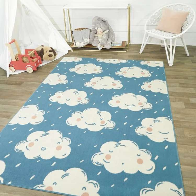 Factory High Quality Polyester Printed Happy Clouds Blue Area Rug