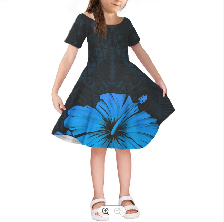 Hawaiian Blue Flowers Hibiscus Polynesian Kids Dresses for Girls Children Short Sleeve Sundress for 4-14 Years Casual Outfits