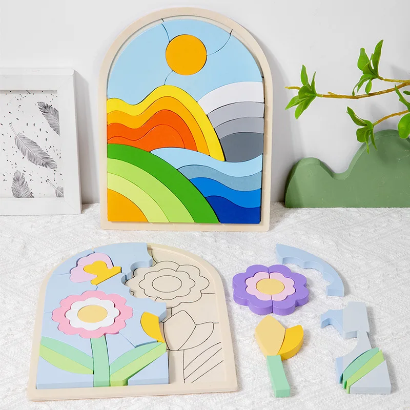 New Children Early Learning Creative Puzzles Toy Montessori Matching Puzzle Board Game Educational Wooden Rainbow Toys for Kids