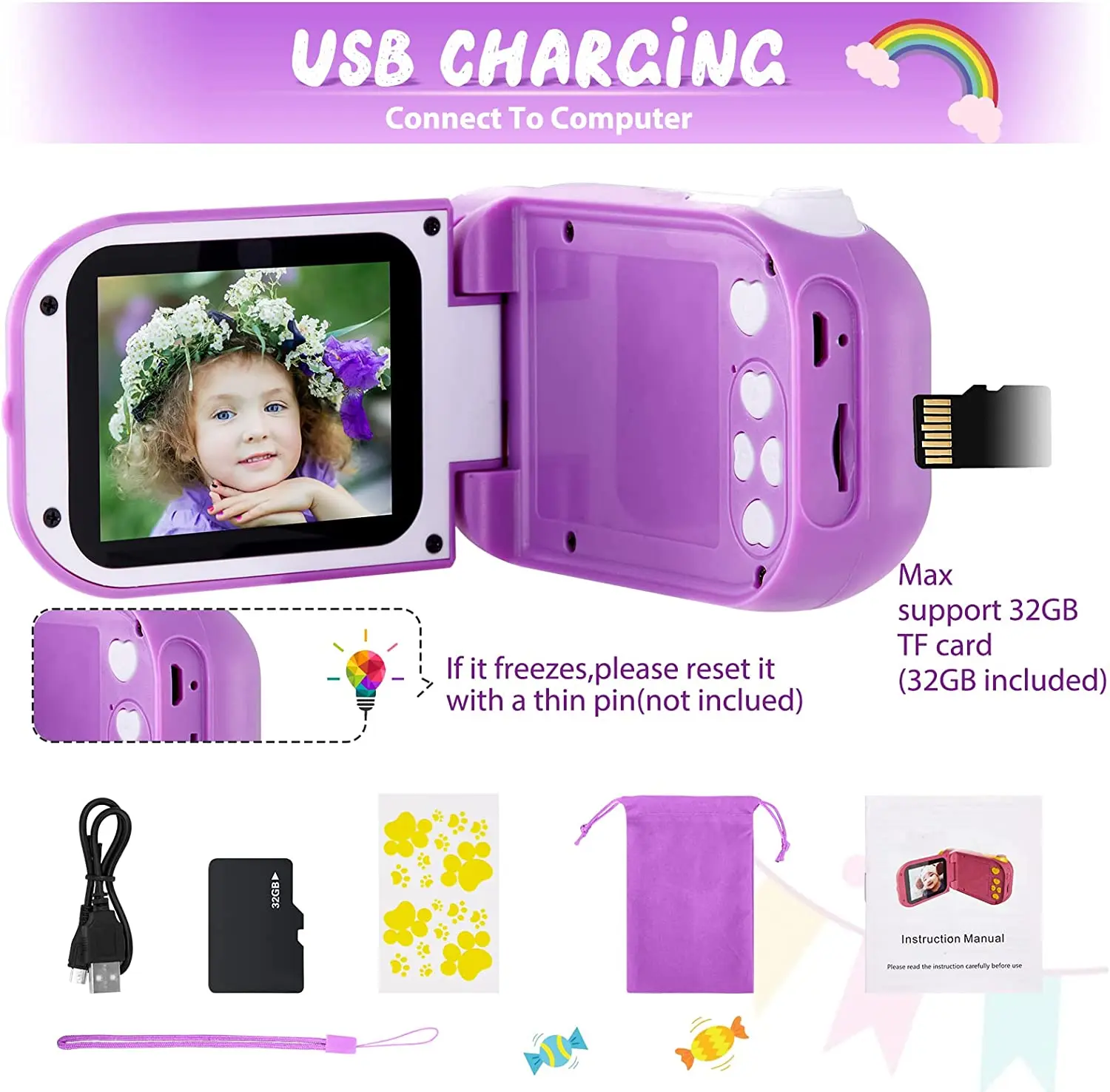 Kids Video photos Camera Toys For children Aged 3-10 Years 1080P 2.4 Inch 32GB SD Card Mini Camcorder