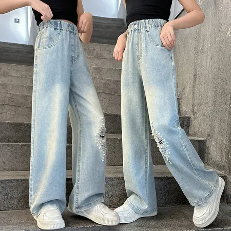 2024 New Summer Teenagers Girls Washed Blue Pearls Patched Jeans Big Girl Summer Thin Jeans 5-15 Years