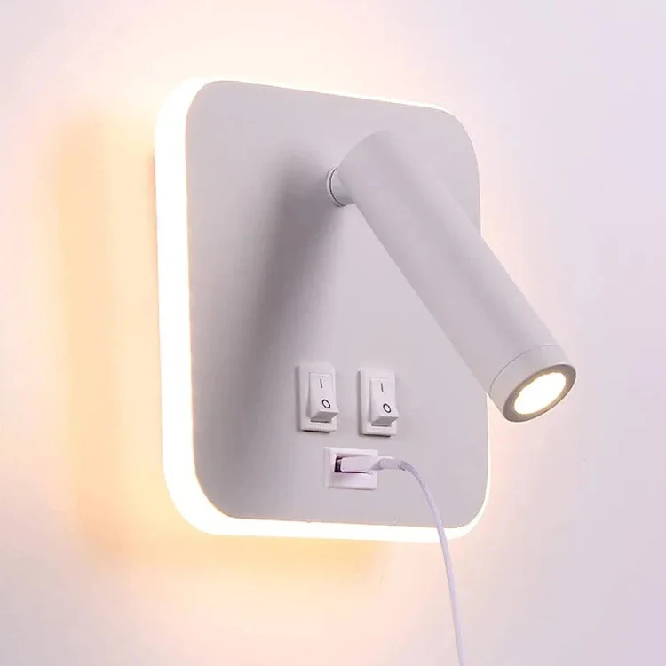 indoor surface mounted bed side led wall lamp with USB charging port for hotel bedroom