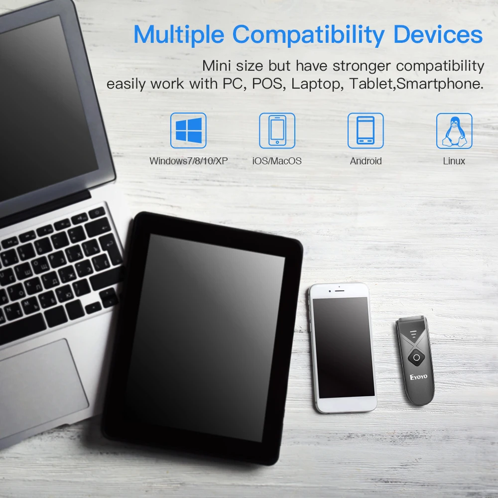 Mini Portable Barcode Reader with USB Wired/B-T / 2.4G Wireless Eyoyo 1D 2D B-T Barcode Scanner
