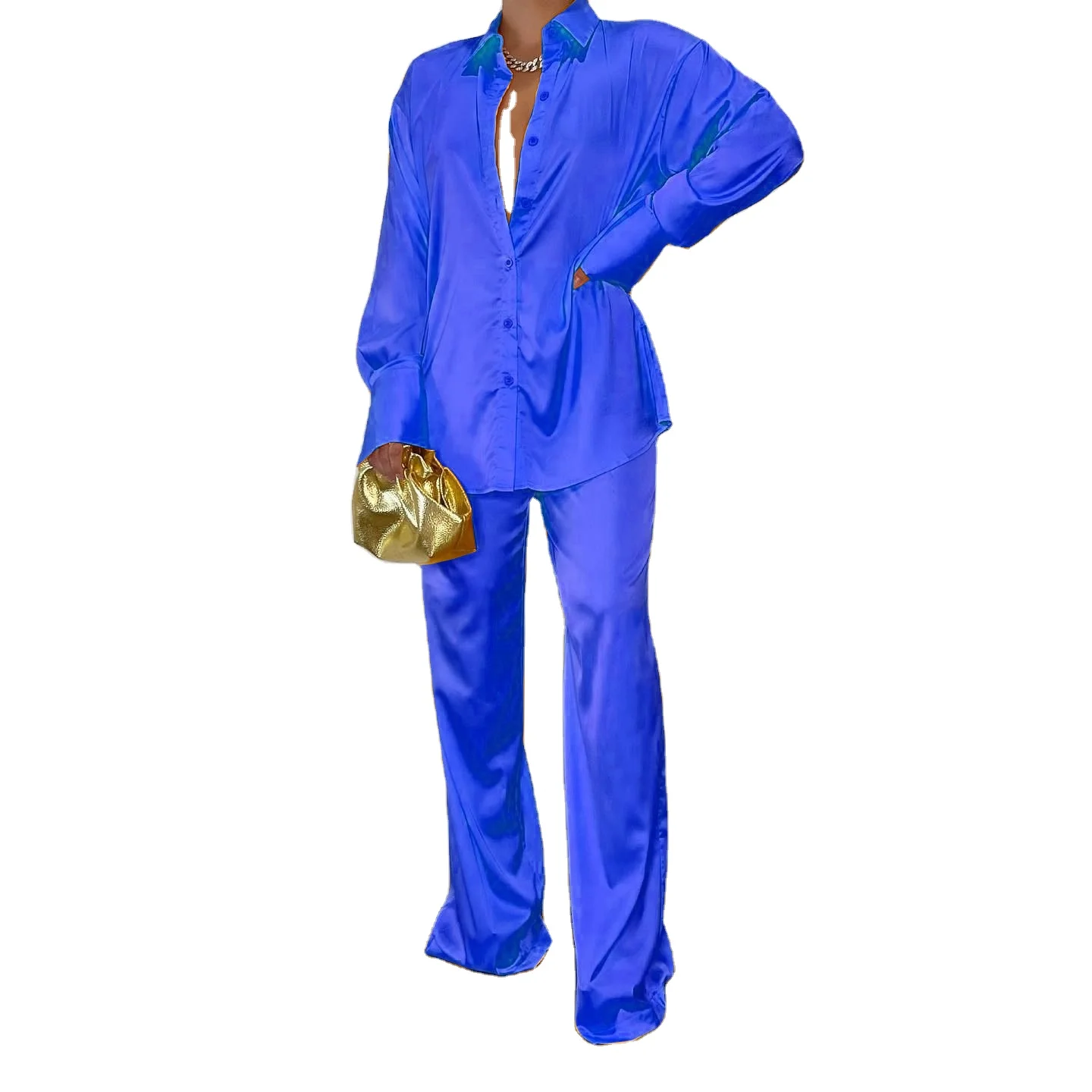 Spring Fall Women S-5XL Plus Size Long Sleeve Shirt And Pants Satin 2 Piece Set Lounge Wear Set Causal Loose Clothes