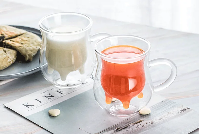 Custom Heat Resistant Transparent Handmade Borosilicate Glass Coffee Mug Double Wall Milk Cow Glass Cup