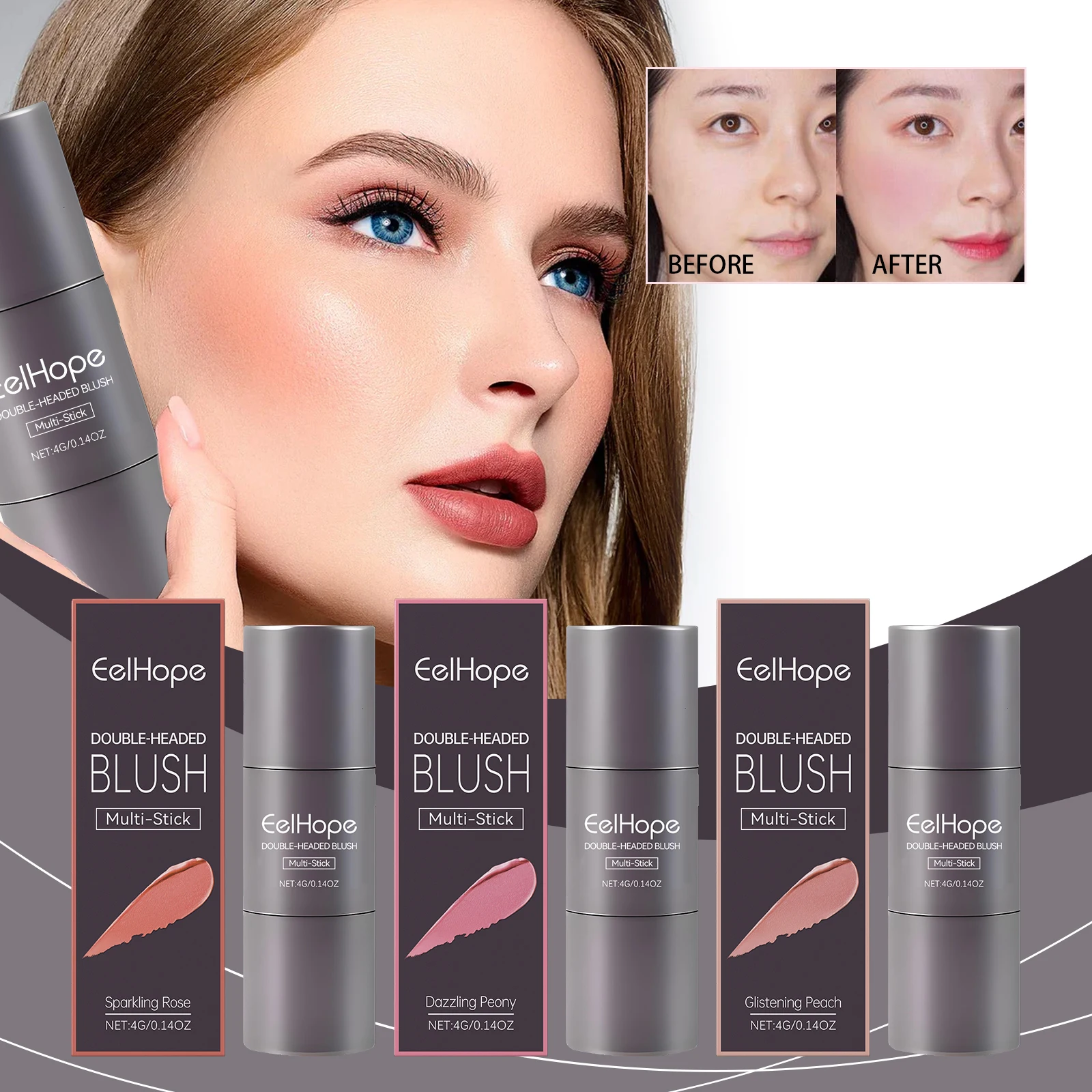 Eelhope Hot Sale Facial Makeup Light Long Lasting Color Double Head Powder Blusher Multi Purpose Stick Liquid Blush Natural 4g