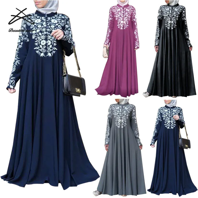 Plus Size Hot Design Ladies Yiwu New Style Turkish Long Sleeve Loose Maxi Printed Abaya Women Muslim Dress