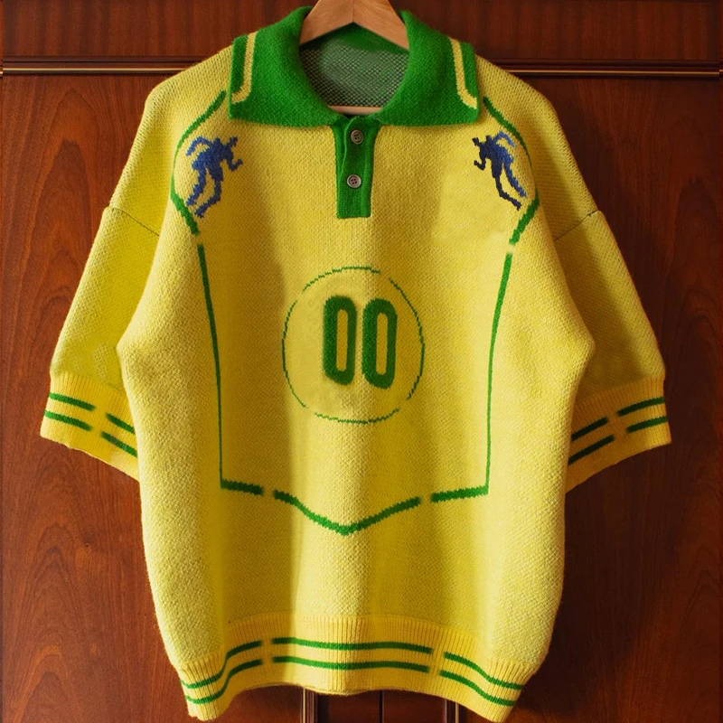 Custom design logo retro sports wear knitwear short sleeve knit top soccer shirt women men Jacquard knitted football jerseys