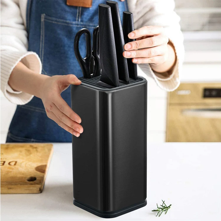 space saving black knife block with rectangular design stainless steel knives and scissors holder