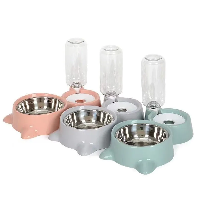 Double Cat Bowls Thickened Stainless Steel Dog Cat Food Bowls Pet Feeding Station Neck Protection with Non Spill Silicone Mat