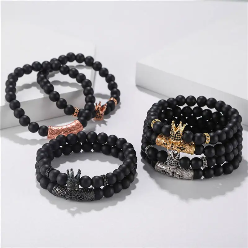Classic 2pc/set Stretch Black Natural Stone Beaded Bracelet Mens Pave Zircon Cz Ball Skull Lion Charms Bracelets Jewelry Set