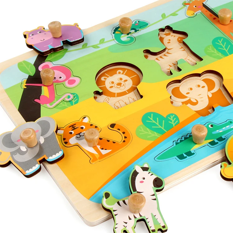 Toddler Educational Toys Hand Grasp Board Wholesale Custom Jigsaw Puzzles Cognition Wooden 3d Jigsaw Puzzle