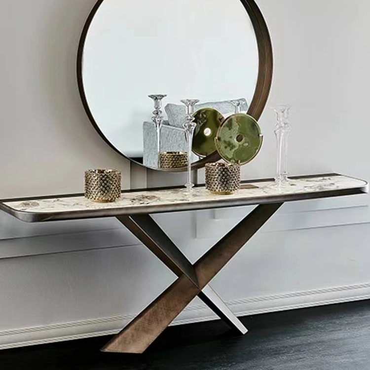 Italian-style light luxury rock plate porch table entry wall stainless steel simple modern living room porch table