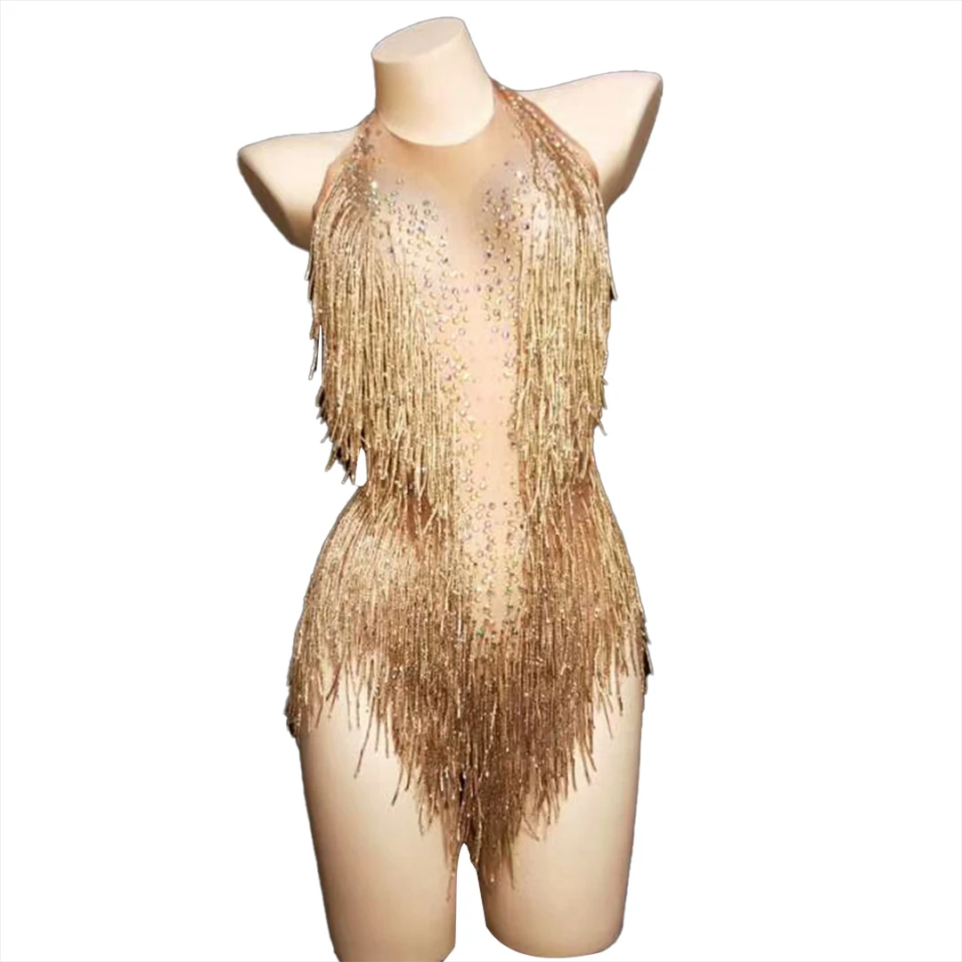 Sparkly Golden Women Clothing Tassel Leotard Sexy Rhinestone Fringes Bodysuit Club Performance Wear Party Stage Dance Costumes