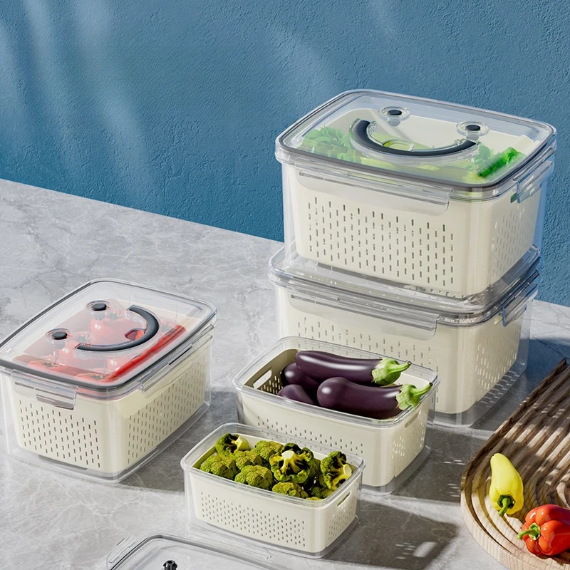 Modern Plastic Fresh-Keeping Storage Box for Vegetables Fruits Refrigerator Crisper with Grid Strainer Drain Basket for Coffee