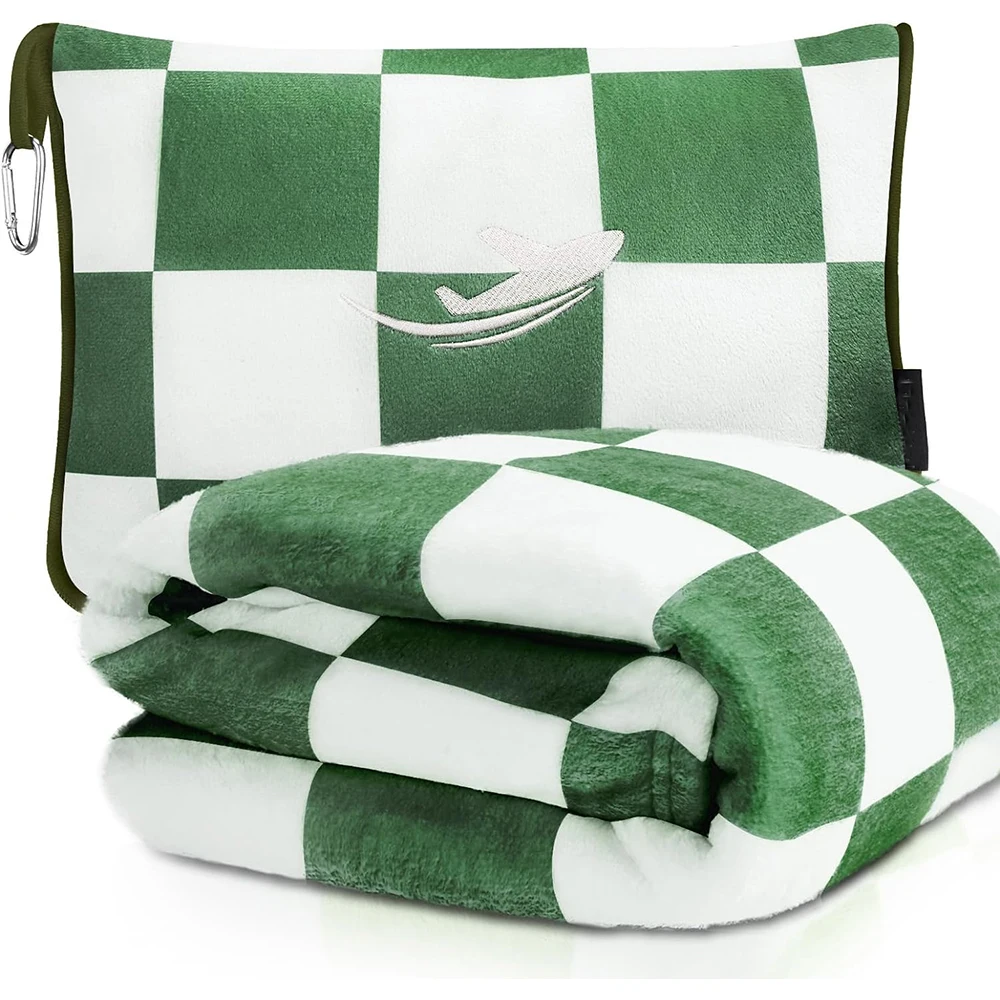 Polyester Fleece Checkerboard Pattern Premium Soft 2 in 1 Pillow Travel Blanket Airplane Compact with Bag
