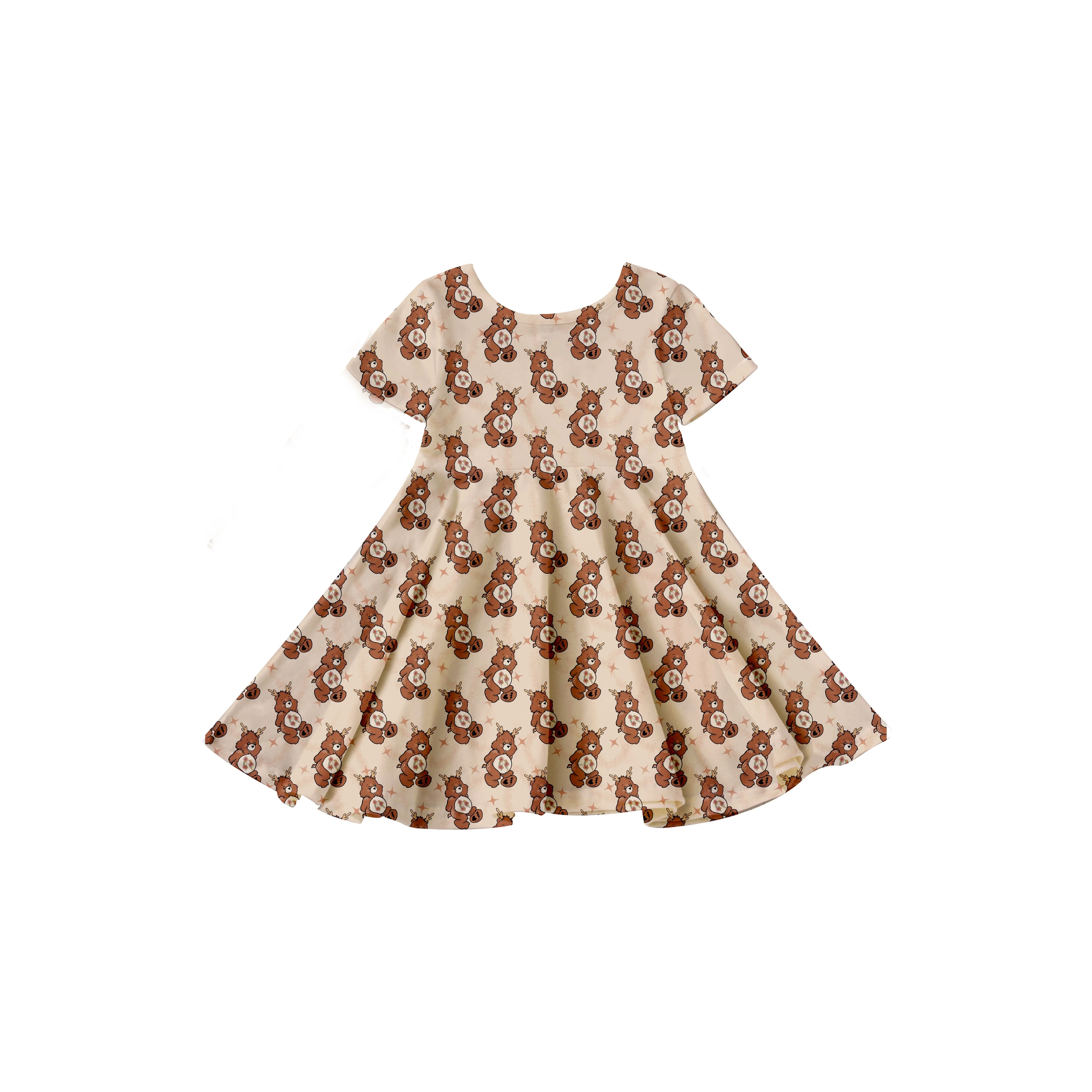 Girlymax Christmas Brown Lovely Bear Printing Short Sleeve Knee Length Baby Girls Dresses