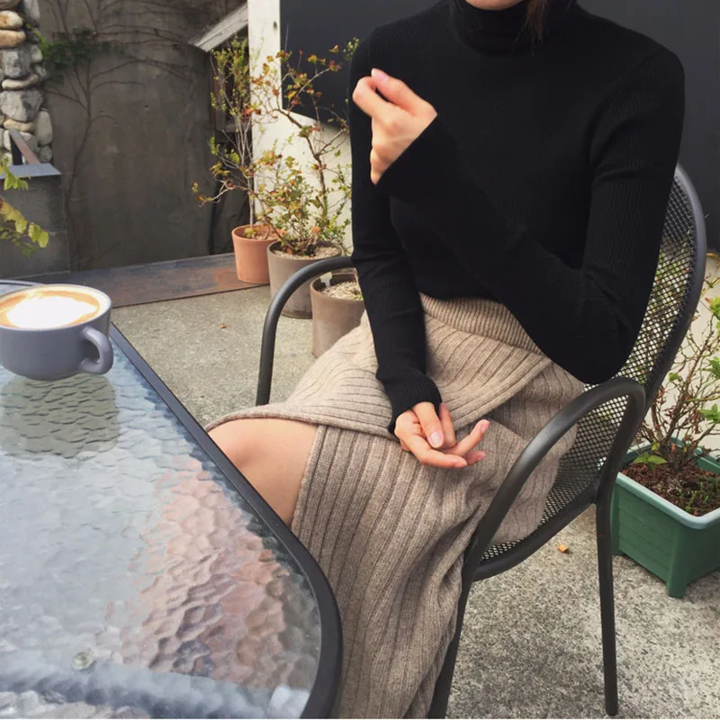 Winter Autumn Knitting Skirt High Waist Long Pencil Skirt Women Open Slit Warm Thicken Knitted Casual Vintage Maxi Skirt