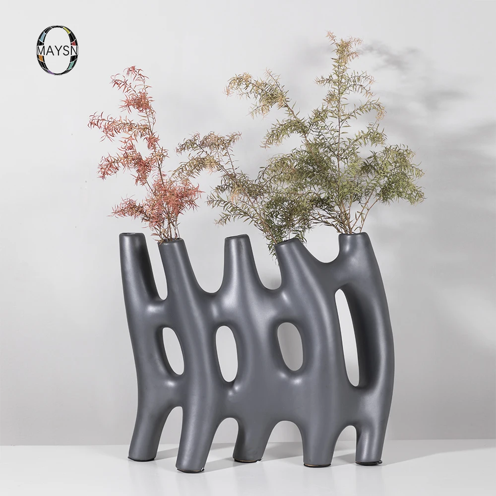 OMAYSN nordic bamboo shape smooth vase metal black white novel ceramic flower bottle glaze decoration with vases decor home