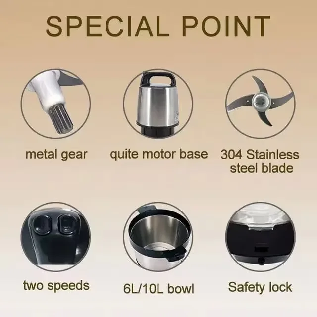 Meat Grinder 6L capacity 1000W Stainless Steel Bowl Chopper Meat Grinder Electric grinder commercial household use