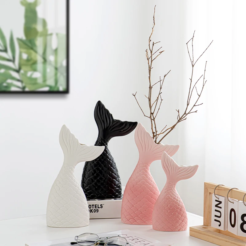 Set of 2 Matte Frosted black white pink Mermaids ceramic vase home decor artificial dried flower arrangement decoration