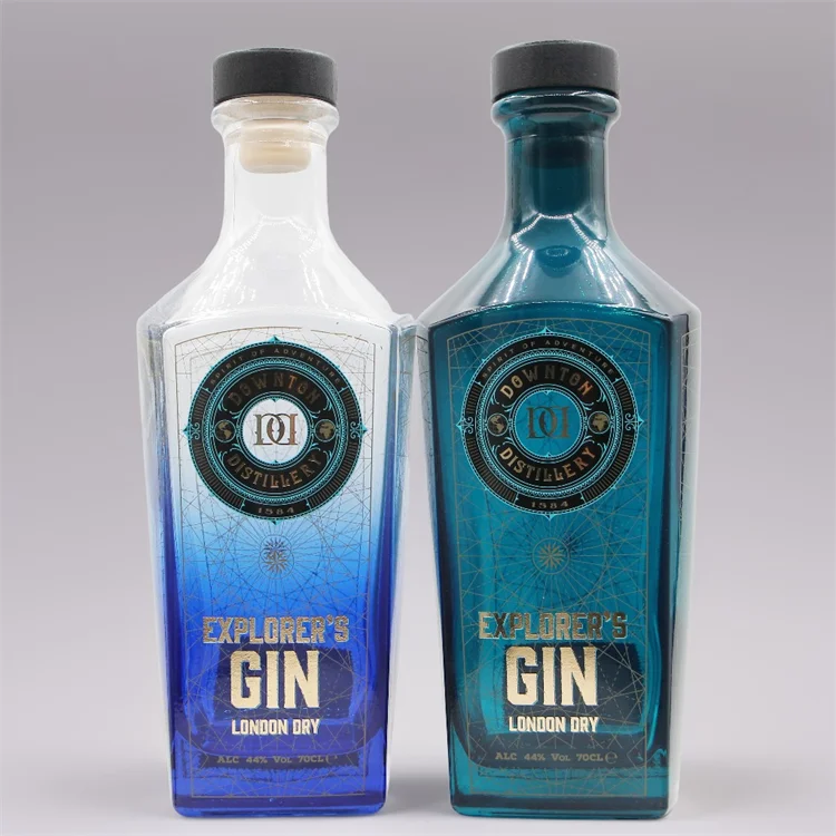 Luxury Custom square Blue Empty Whiskey Liquor Vodka Spirit Brandy Bottle 700ml with Cork