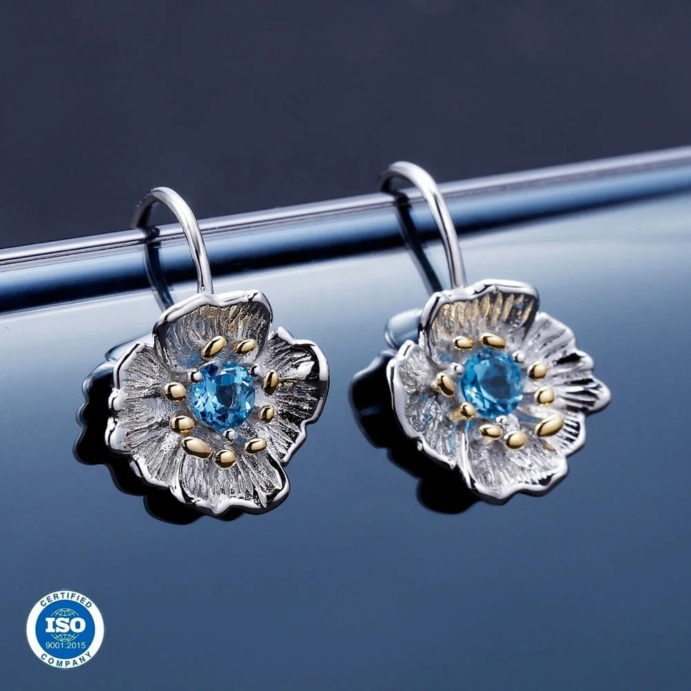 C7772 Abiding Dainty Swiss Blue Topaz 925 Sterling Silver Flower Jewelry Set Adjustable Ring Fish Hook Earrings