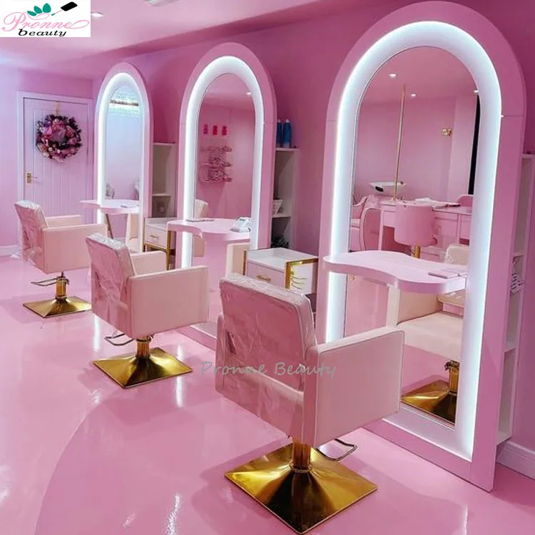 modern design hair salon equipment barber shop dressing pink&gold  hair salon mirror and chair sets
