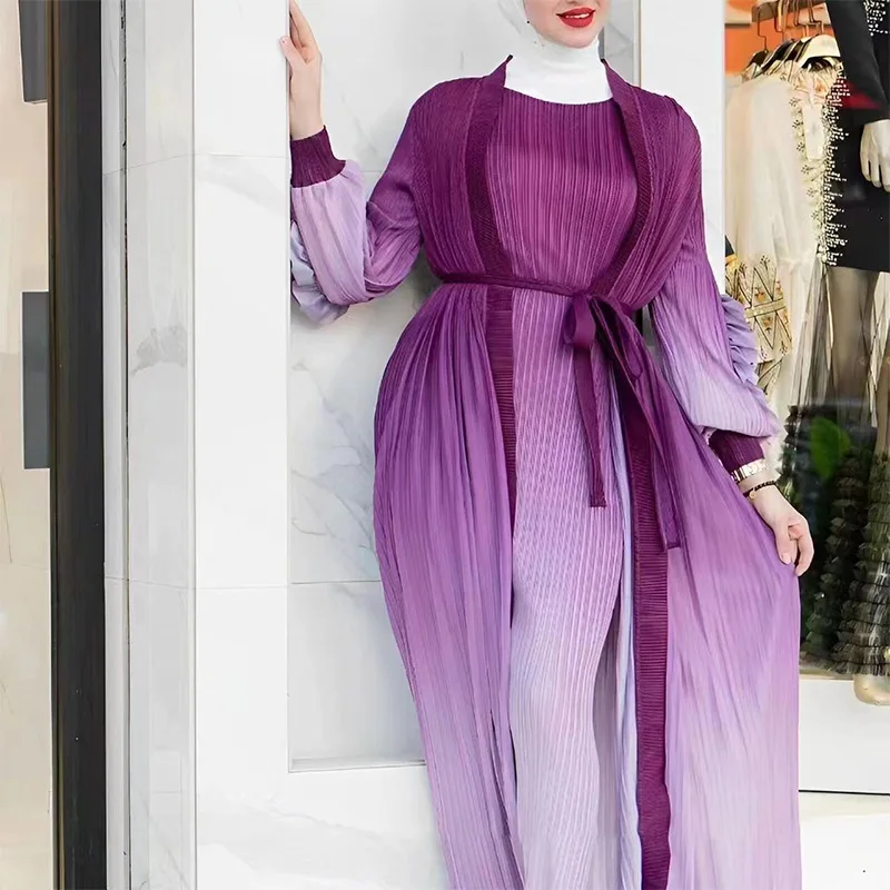 Дубайский халат 2024 плиссированное платье с аппликацией открытым градиентом спереди абайя 2 шт. жилет без рукавов арабское скромное для женщин