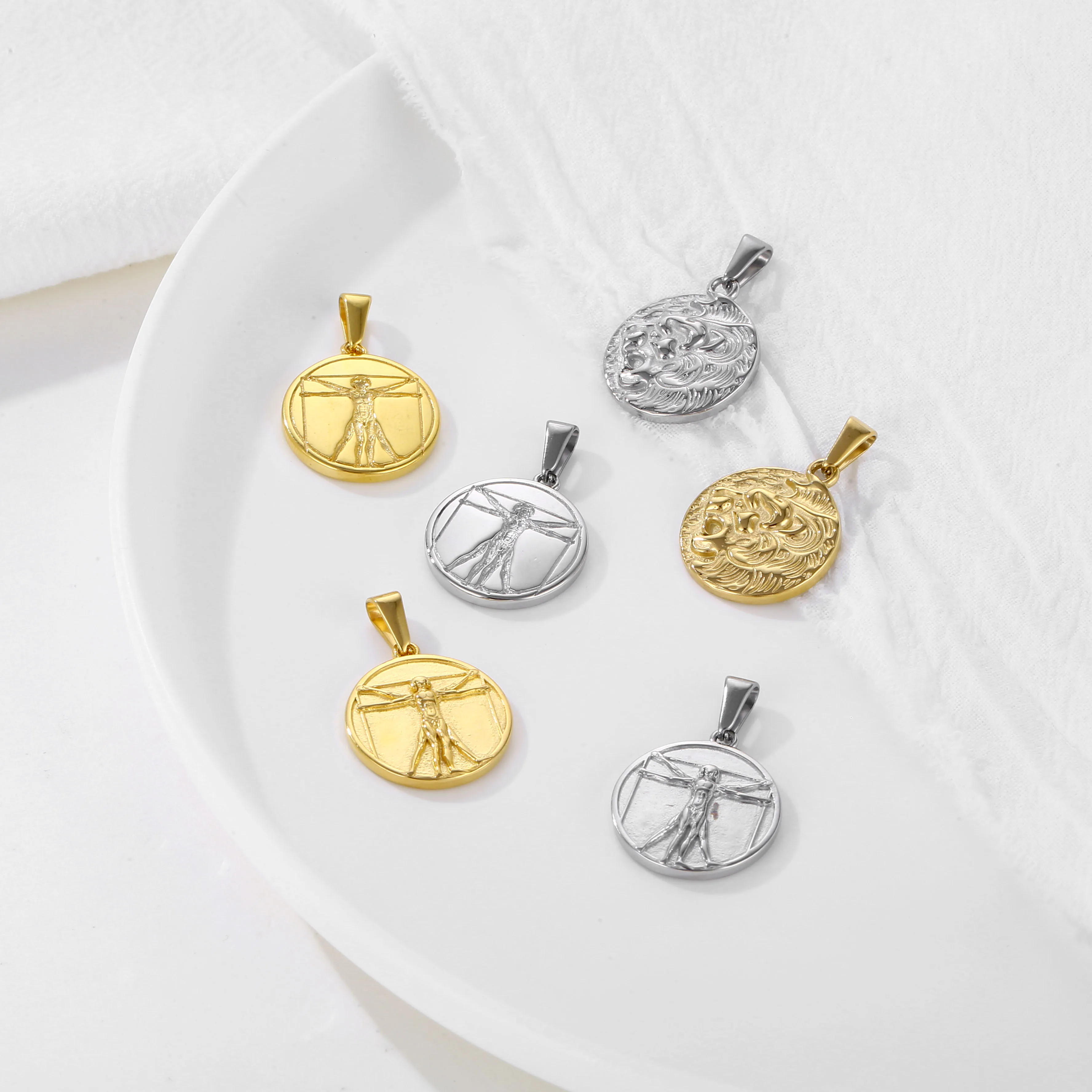 Fashion Jewelry Stainless Steel Silver Vitruvian Pendant Ancient Greek Mythology Roman Coin Da Vinci Vitruvian Charms Necklace