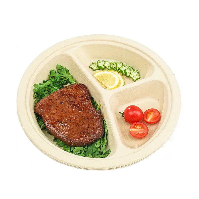 PFAS Free Factory Wholesale disposable fast food container box compostable bamboo pulp paper pizza plate with 1 or 3 partition