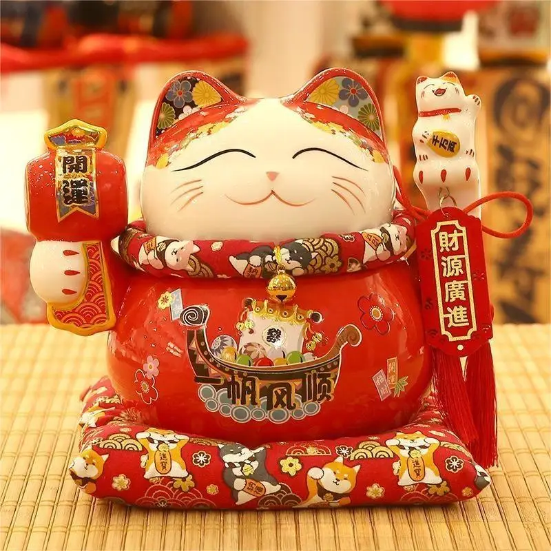 Feng Shui Decoration ceramic piggy coin bank Japanese figurine gift 7.5 inch Fortune Lucky cat Maneki Neko Painted Ceramic Cats