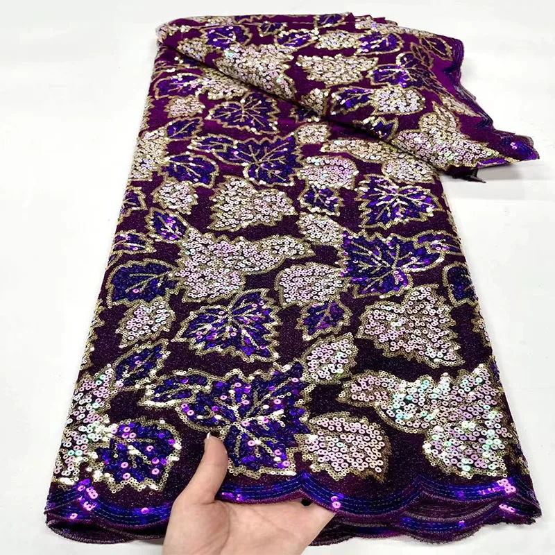 Manufacturers beautiful african embroidery with sequins velvet sequin leavers lace fabric
