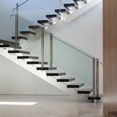 CBMmart Modern Tangga Glass Railing Metal Stringer Beam Wooden Step L Shape Straight Staircase Stairs