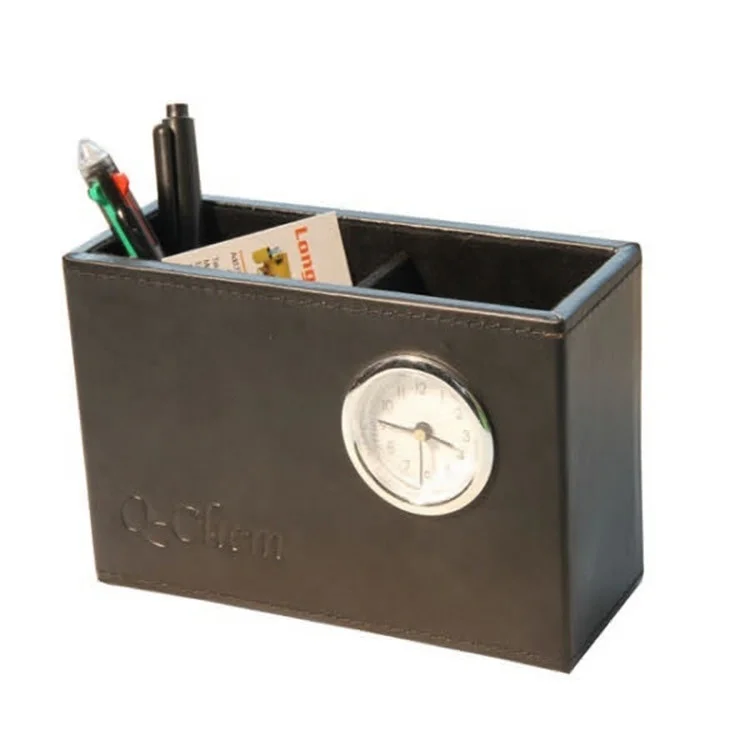 LG-B034 Souvenir Accept Customized Rectangle PU Leather with clock Office Organizer Stationery pen Holder