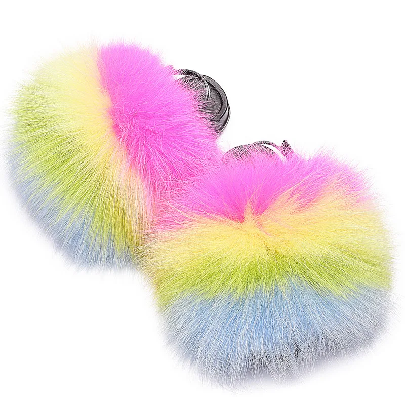 
Hot Selling Colorful Rainbow toddlers Fox Fur Slides For Women And Kids Raccoon Fur Slippers Mommy And Me Fur Slides 