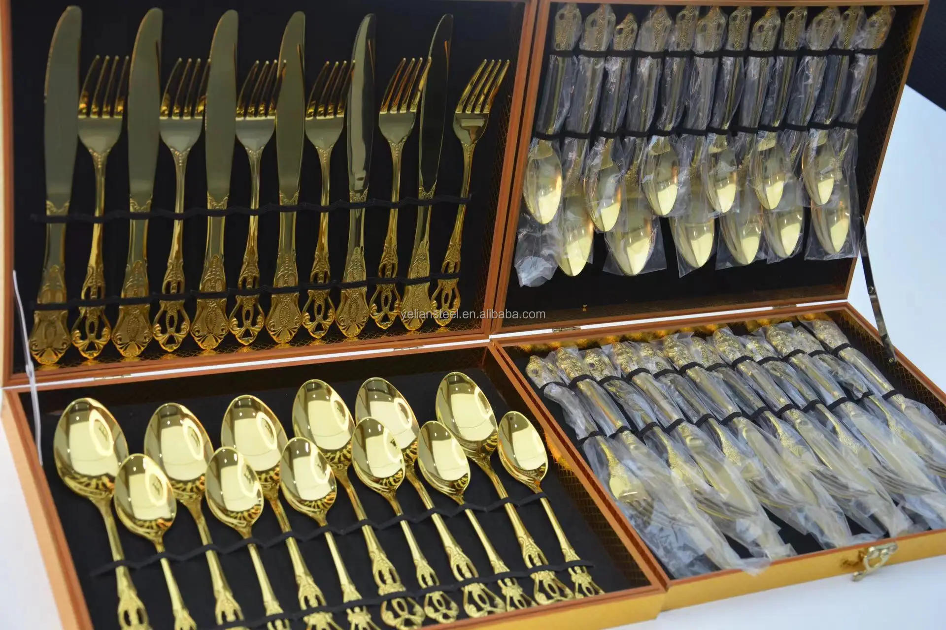 Wholesale luxury antique handle stainless steel vintage silverware cutlery banquet set, silver gold for wedding