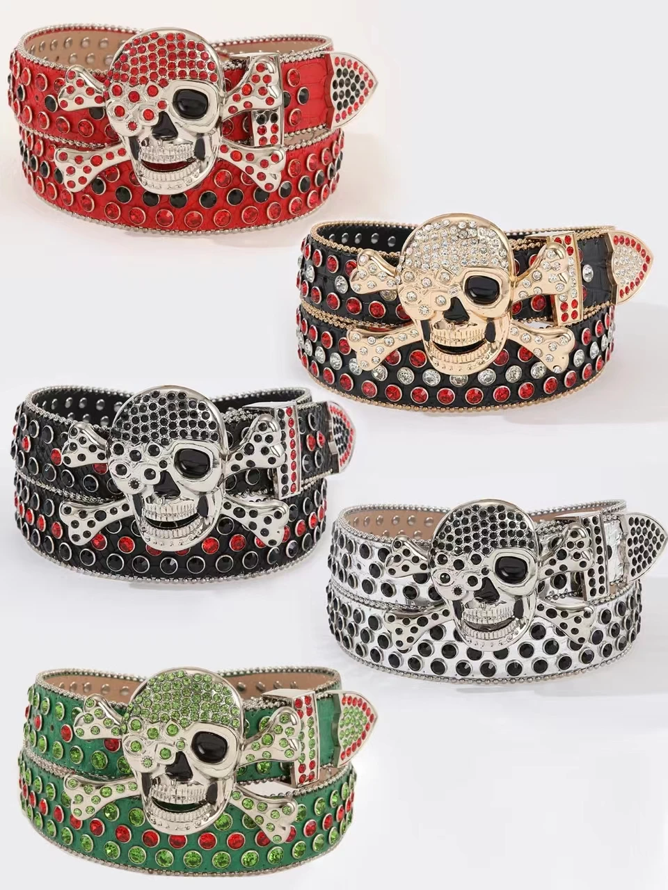 Luxury Western Cowboy Studded Rhinestone Red Rockstar Removable Skull Buckle Cheap PU Leather Bling Bling Rhinestone Belt Men