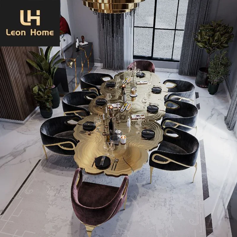 Italian Dining Room Furniture Stainless Steel Frame Marble Top Large Dining Table Set Modern Luxury Dining Table Set