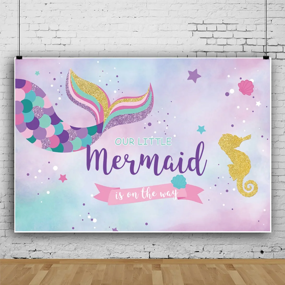 Palmy mermaid purple blue Polyester Photography Background Birthday  Decor Photo Backdrops for Studio Kids Photographic