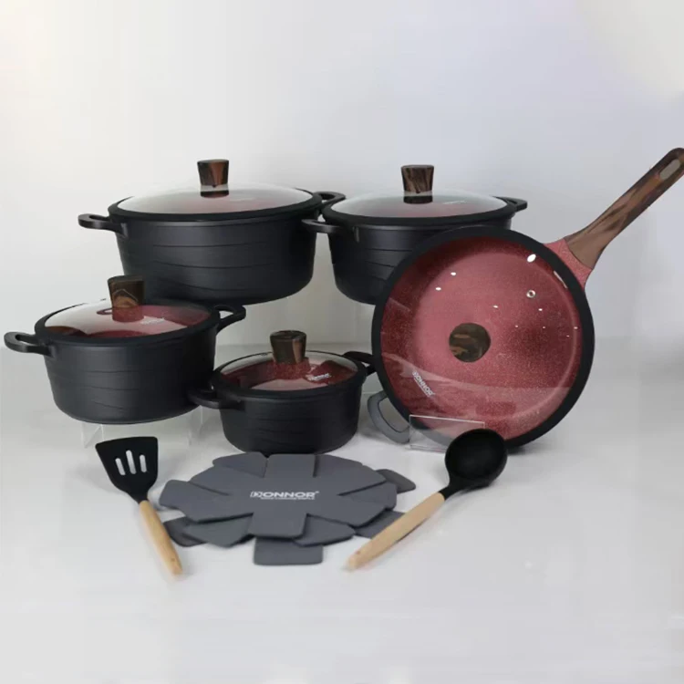 Modern 15Pieces None Stick Cooking Pot Set Kitchen Wear White Black Grey Granite Nonstick Aluminum Cookware Set